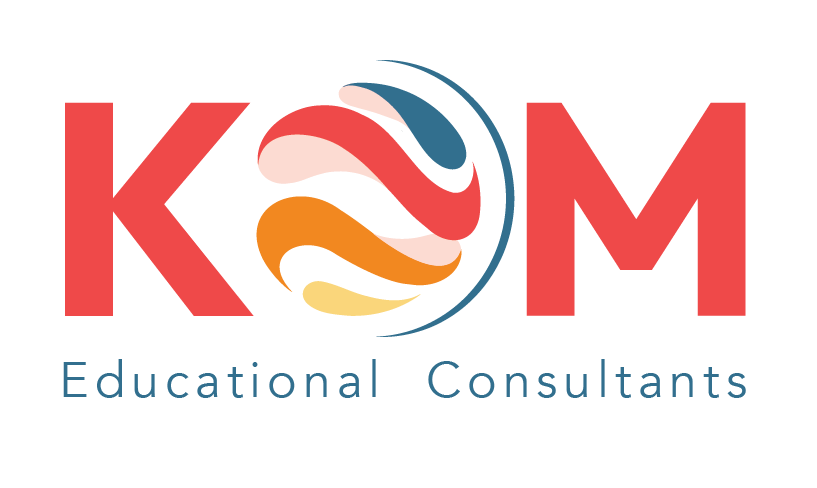 KOM Educational Consultants logo featuring the stylized letters "KOM" in bold red uppercase font, with the O a globe, accompanied by the rest of the company name in smaller blue text beneath.