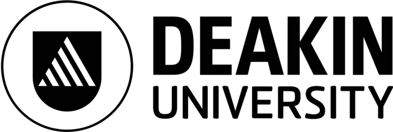 Deakin University logo featuring a circular emblem and the university name in bold black text.