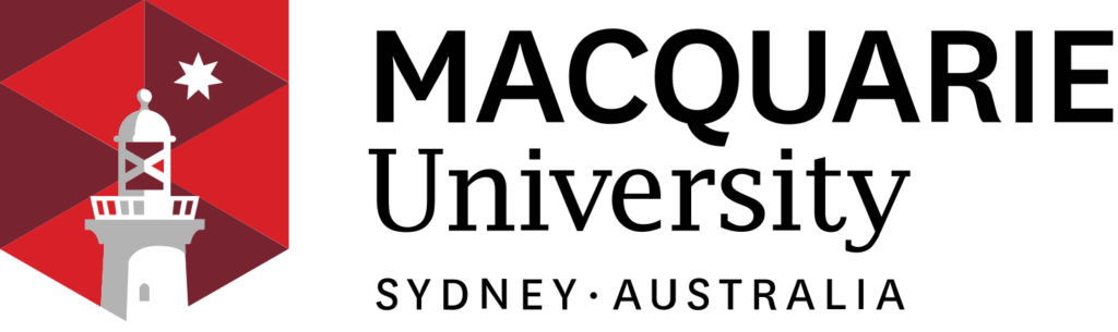 Macquarie University logo featuring a red shield with a lighthouse and rays, alongside the university name in bold black text.