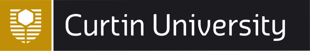 Curtin University logo with a gold and white stylized emblem beside the university name in bold black text on a dark background.