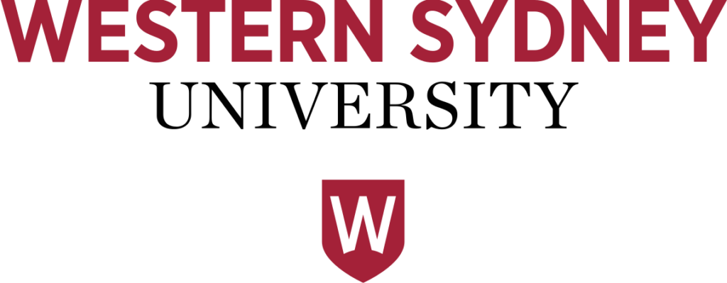 Western Sydney University logo featuring a red shield with a white 'W' and the university name in uppercase text.