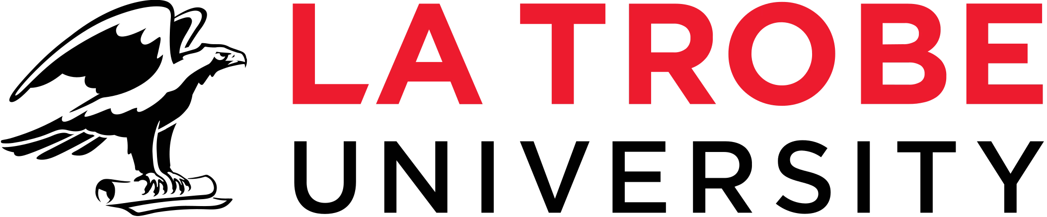 La Trobe University logo featuring a black and white Australian wedge-tailed eagle perched beside the university name in bold red and black text.