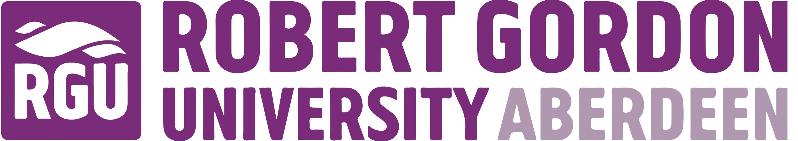 Robert Gordon University (RGU) logo featuring a blue and white crest with a stylized sword, book, and anchor, accompanied by the university name in bold black text, with "Aberdeen" listed underneath.