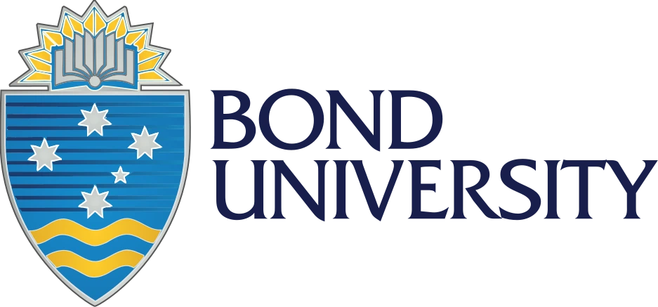 Bond University logo featuring a blue and gold shield with stylized waves, a sun, and Southern Cross stars, positioned beside the university name in blue capital letters.