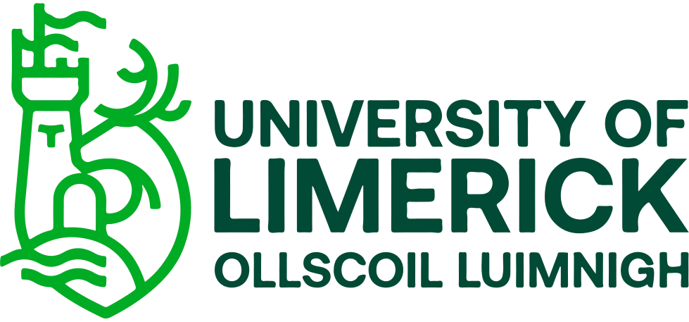 University of Limerick logo featuring a stylized medieval harp and book emblem in green, alongside the university name in both Irish and English.
