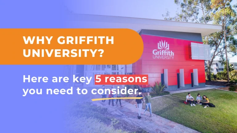 Griffith University campus with a vibrant red building and students enjoying the outdoor space, promoting the reasons to study here.