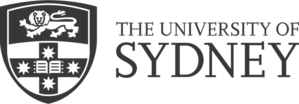 University of Sydney logo featuring a shield with a lion, book, and stars, next to the university name in black text.