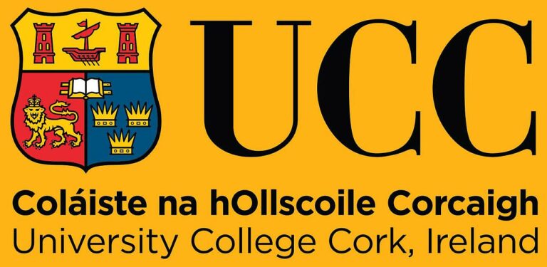 University College Cork logo featuring a detailed red, blue, and gold heraldic shield with symbols including a harp, book, ship, and castle, alongside the university name in both Irish and English with a yellow background.