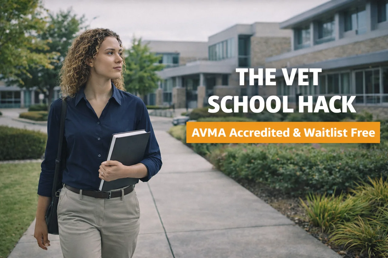 A prospective veterinary student walks across a modern campus, highlighting how AVMA accredited vet schools Australia offer Canadians a recognised path to study veterinary medicine abroad.