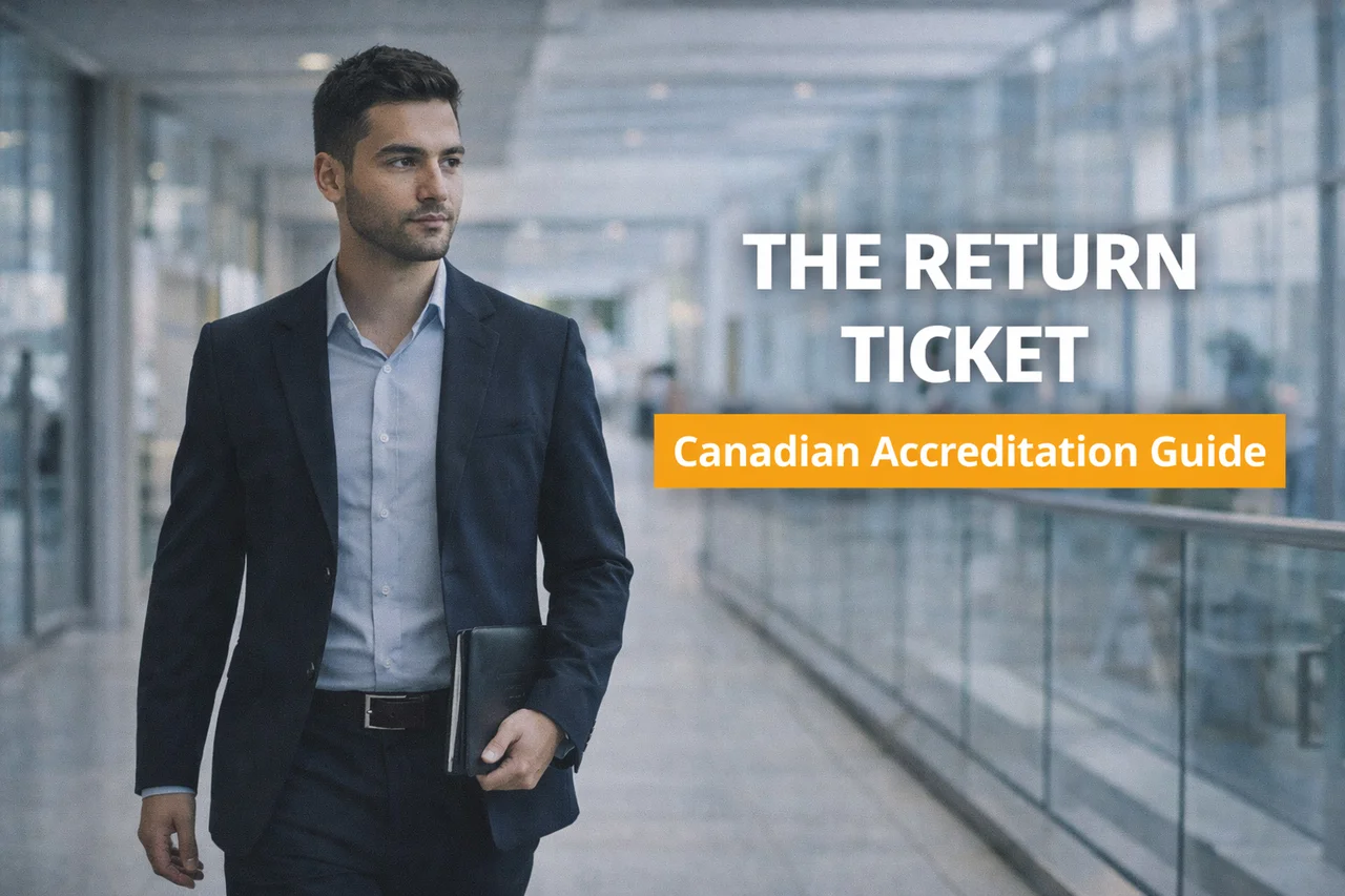 A professional graduate walks through a modern academic corridor, representing how canadian accreditation foreign degrees pathways allow international graduates to practise in Canada.