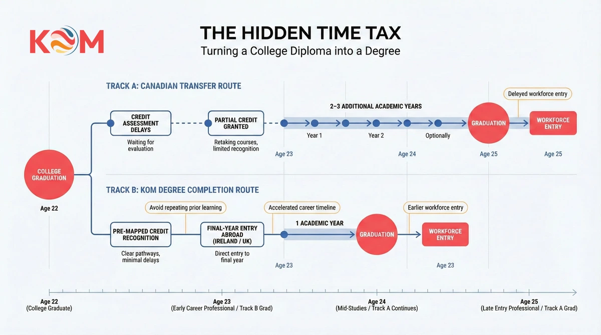 Infographic comparing Canadian transfer delays versus international pathways to turn a college diploma into a degree in one academic year.