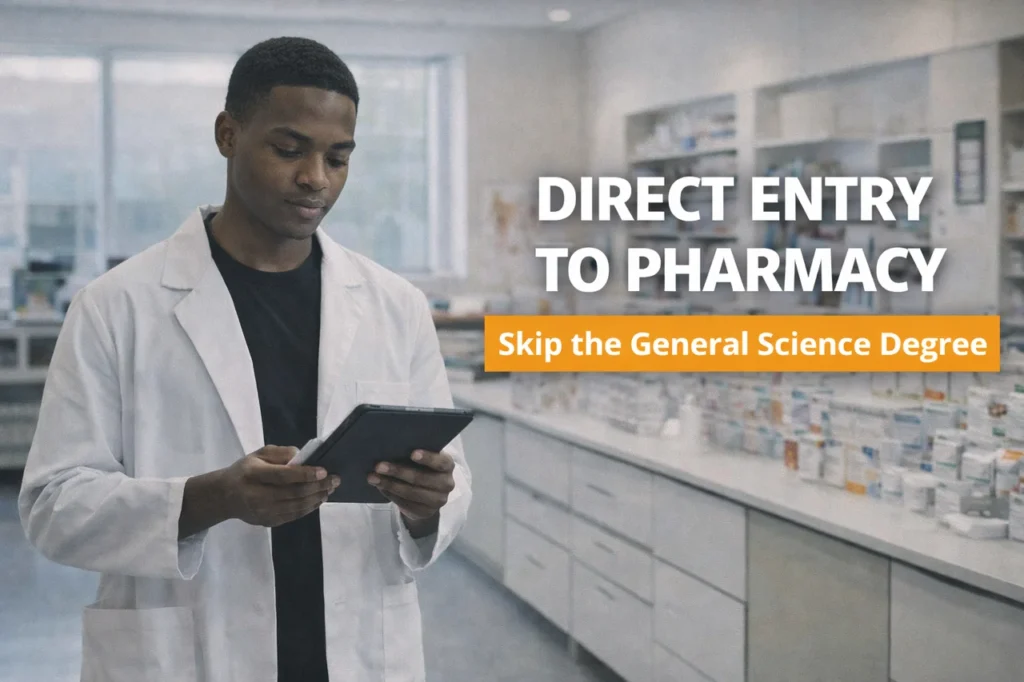 A pharmacy student reviews coursework in a modern lab, illustrating how direct entry pharmacy Australia allows Canadians to begin professional training without a general science degree.