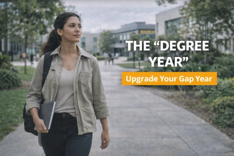 A student walks across a modern university campus, representing how gap year programs UK let Canadian students travel Europe while completing a recognised degree.