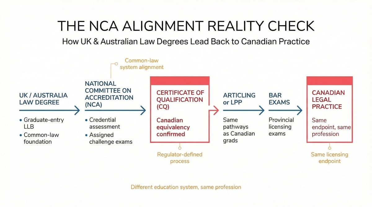 Infographic showing how a 2 year law degree UK or Australian LLB aligns with NCA requirements, articling, and bar exams for Canadian legal practice.