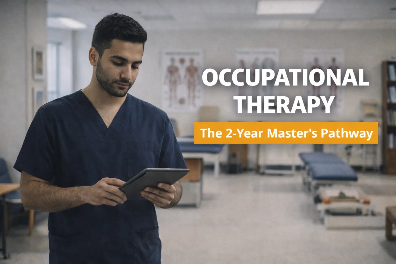 A healthcare graduate reviews coursework in a clinical teaching lab, illustrating how occupational therapy schools Australia for Canadian students offer a fast, accredited two-year master’s pathway.