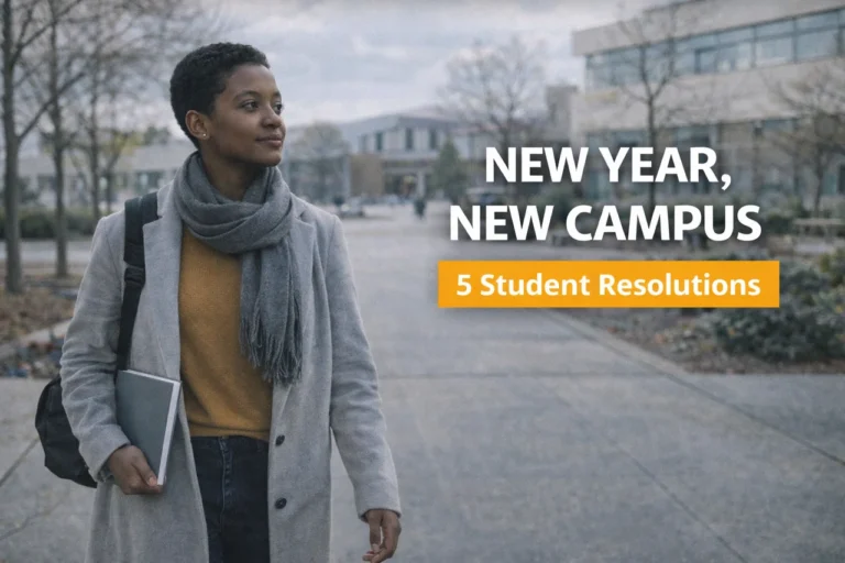 Student walking on campus representing study abroad resolutions focused on planning, confidence, and preparing for an international university experience.