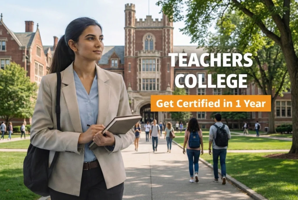 A future educator walks across a university campus after choosing teachers college in Australia as a one-year international pathway to Canadian teacher certification.