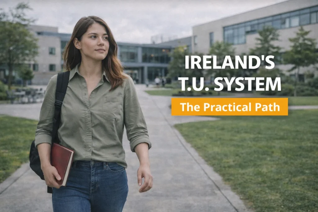A Canadian college student walks across a modern campus, illustrating how technological universities Ireland explained offer practical, hands-on degree pathways for transfer students.
