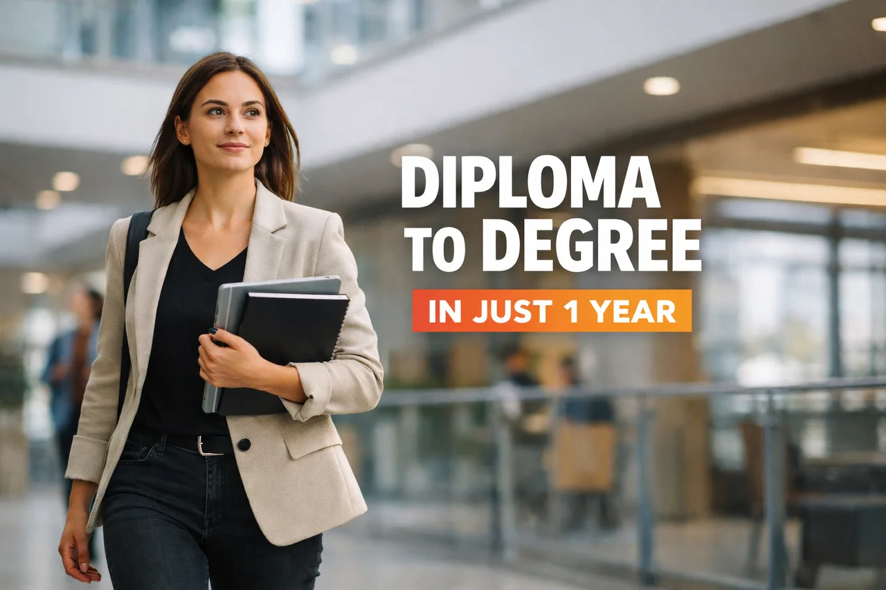 Professional Canadian graduate representing how to turn a college diploma into a degree in one year through recognized UK and Ireland completion programs.