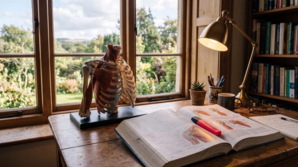 Anatomical shoulder model and open textbook with a red highlighter on a study desk