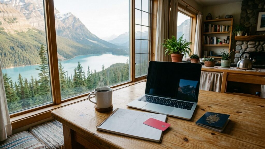 Kitchen table with a laptop, Canadian passport and a red bank card on a notepad in morning light
