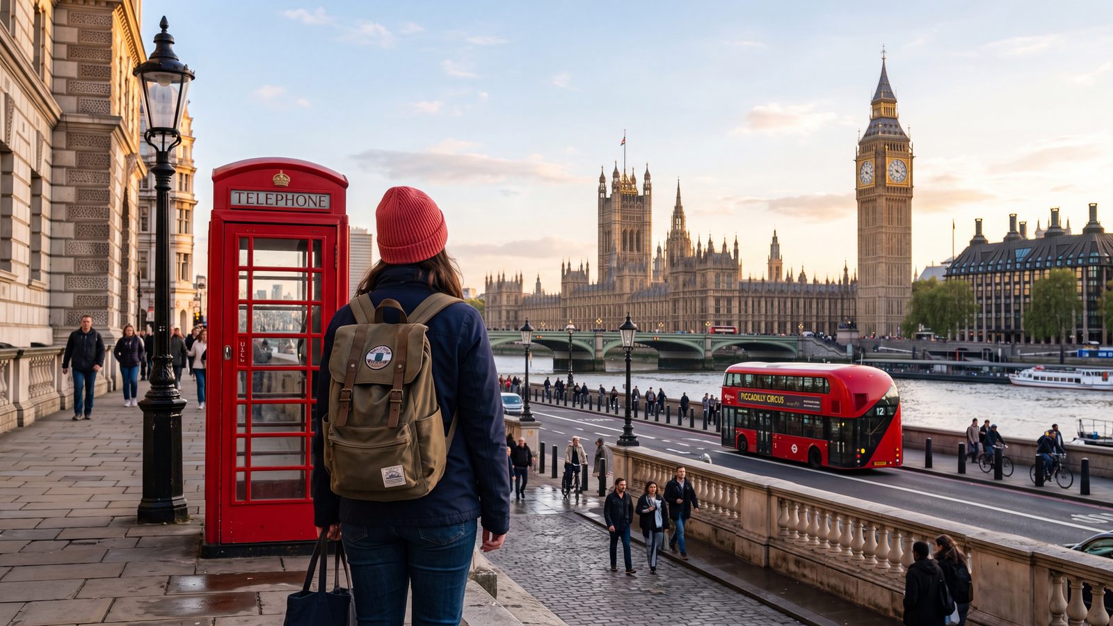 Student with a red beanie standing beside a red telephone box, looking toward Big Ben and the Houses of Parliament at golden hour