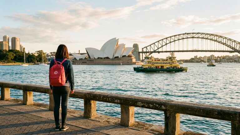 Student with a red backpack looking across Sydney Harbour toward the Opera House and Harbour Bridge at sunset