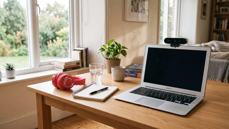 Test-prep desk with a laptop, webcam and red headphones in soft window light