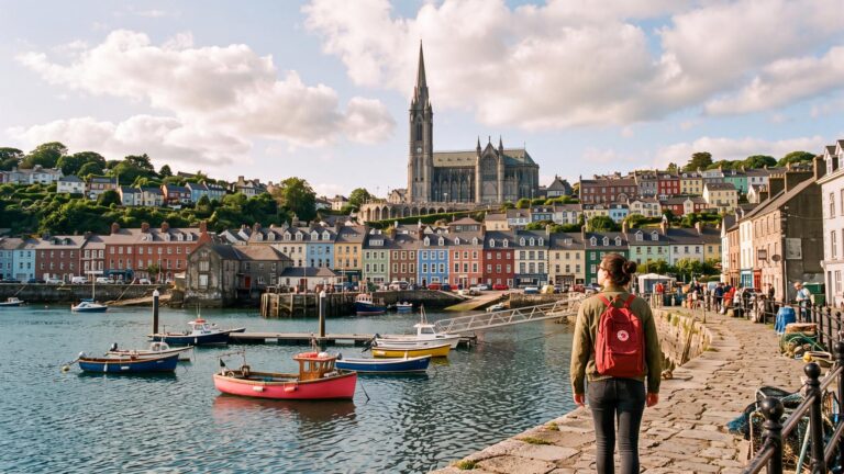 Student with a red backpack on the harbour path in Cobh, Ireland, looking toward the colourful houses and cathedral above the boats