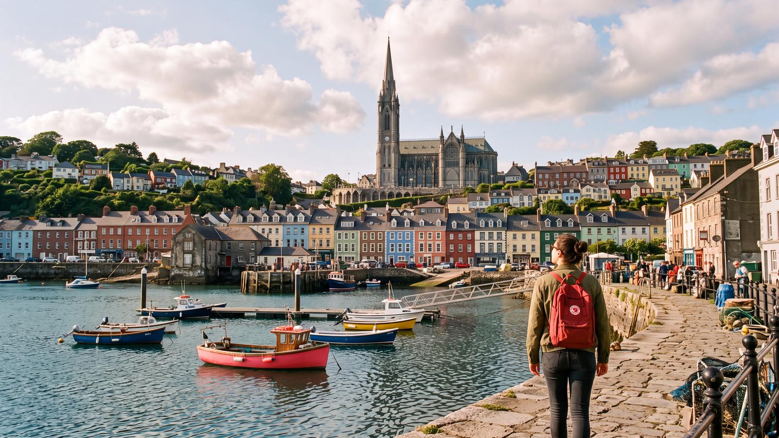 Student with a red backpack on the harbour path in Cobh, Ireland, looking toward the colourful houses and cathedral above the boats