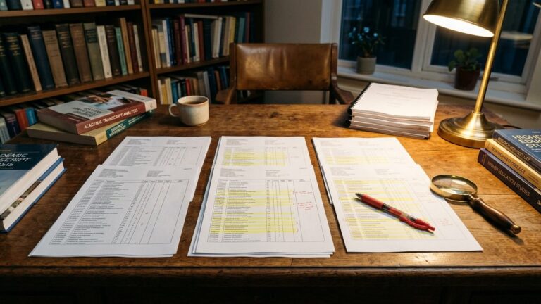 Printed transcripts with highlighted lines, a red pen and a magnifying glass under warm lamp light