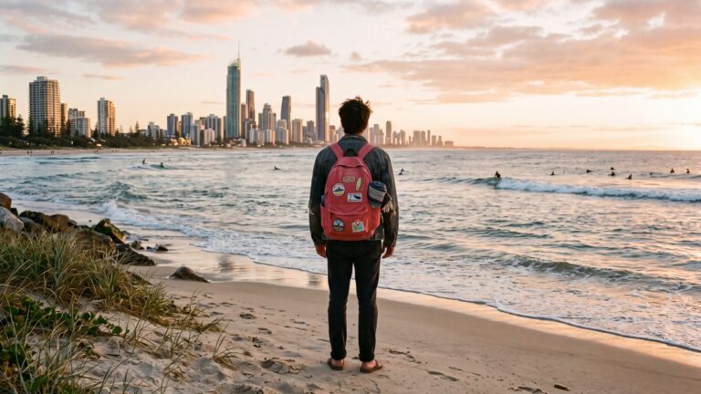 Student with a red backpack on a Gold Coast beach looking toward the Surfers Paradise skyline at golden hour