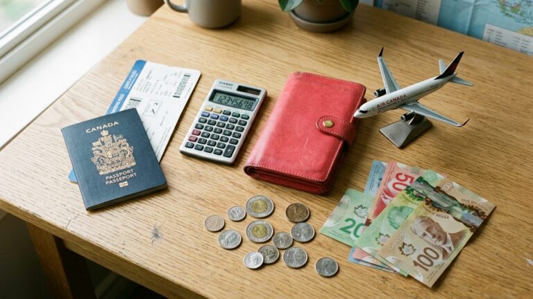 Flat lay of a Canadian passport, boarding pass, calculator, coins and a red wallet