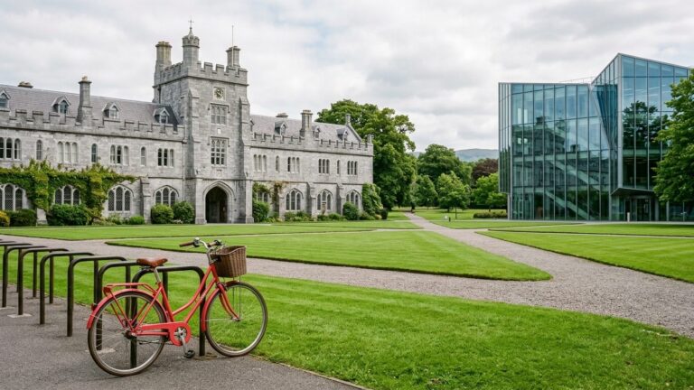Modern glass building beside a historic stone quad on an Irish campus with a red bicycle in front