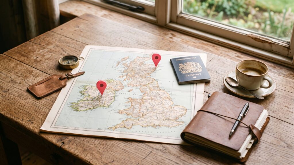 Map of the British Isles with two red pins on Scotland and Ireland beside a passport and notebook