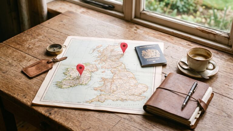 Map of the British Isles with two red pins on Scotland and Ireland beside a passport and notebook