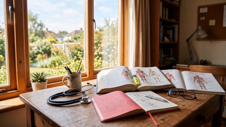 Study desk with open anatomy textbooks, a stethoscope and a red notebook in warm window light