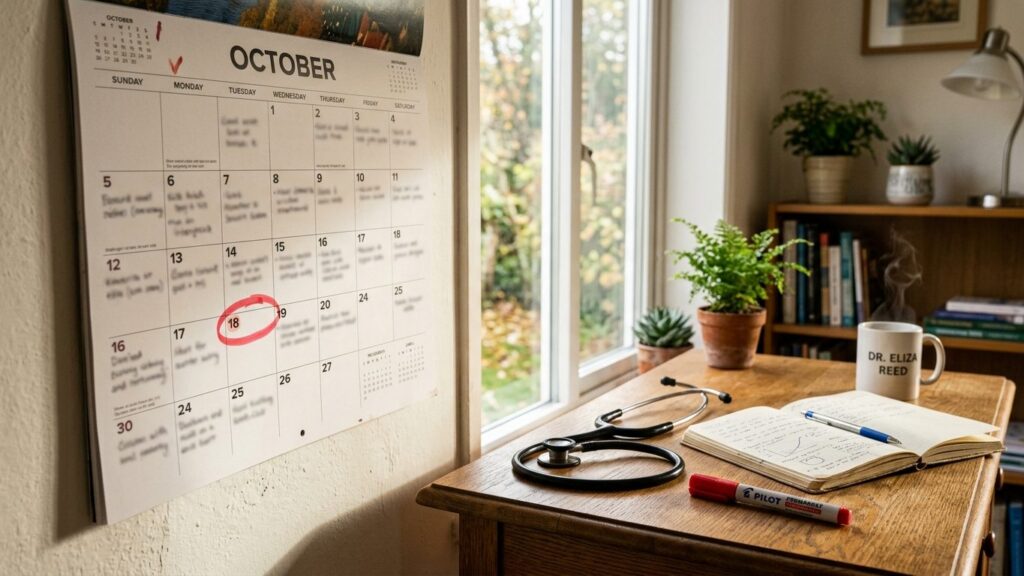 Wall calendar with a date circled in red marker beside a stethoscope and notebook
