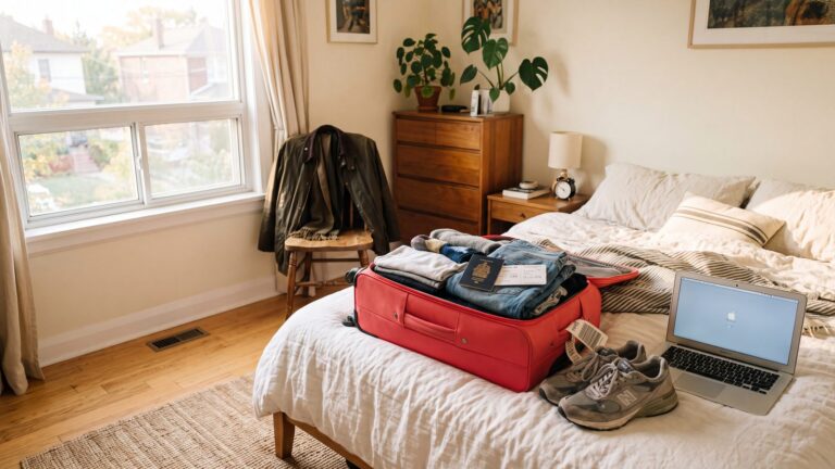Open red suitcase packed with folded clothes on a bed, with a Canadian passport, boarding pass, sneakers and laptop beside it