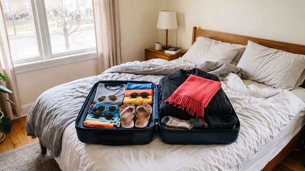 Open suitcase packed with summer clothes on one side and a folded wool coat with a red scarf on the other