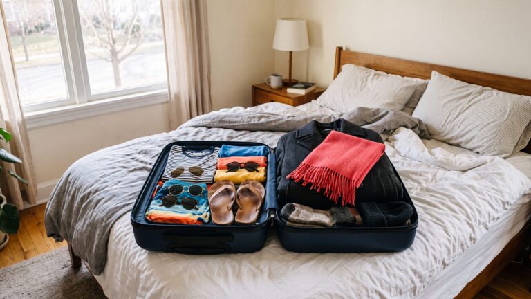 Open suitcase packed with summer clothes on one side and a folded wool coat with a red scarf on the other