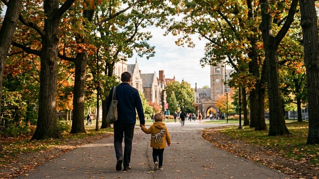 Parent and small child holding hands walking toward a bright university campus, the child wearing a red backpack