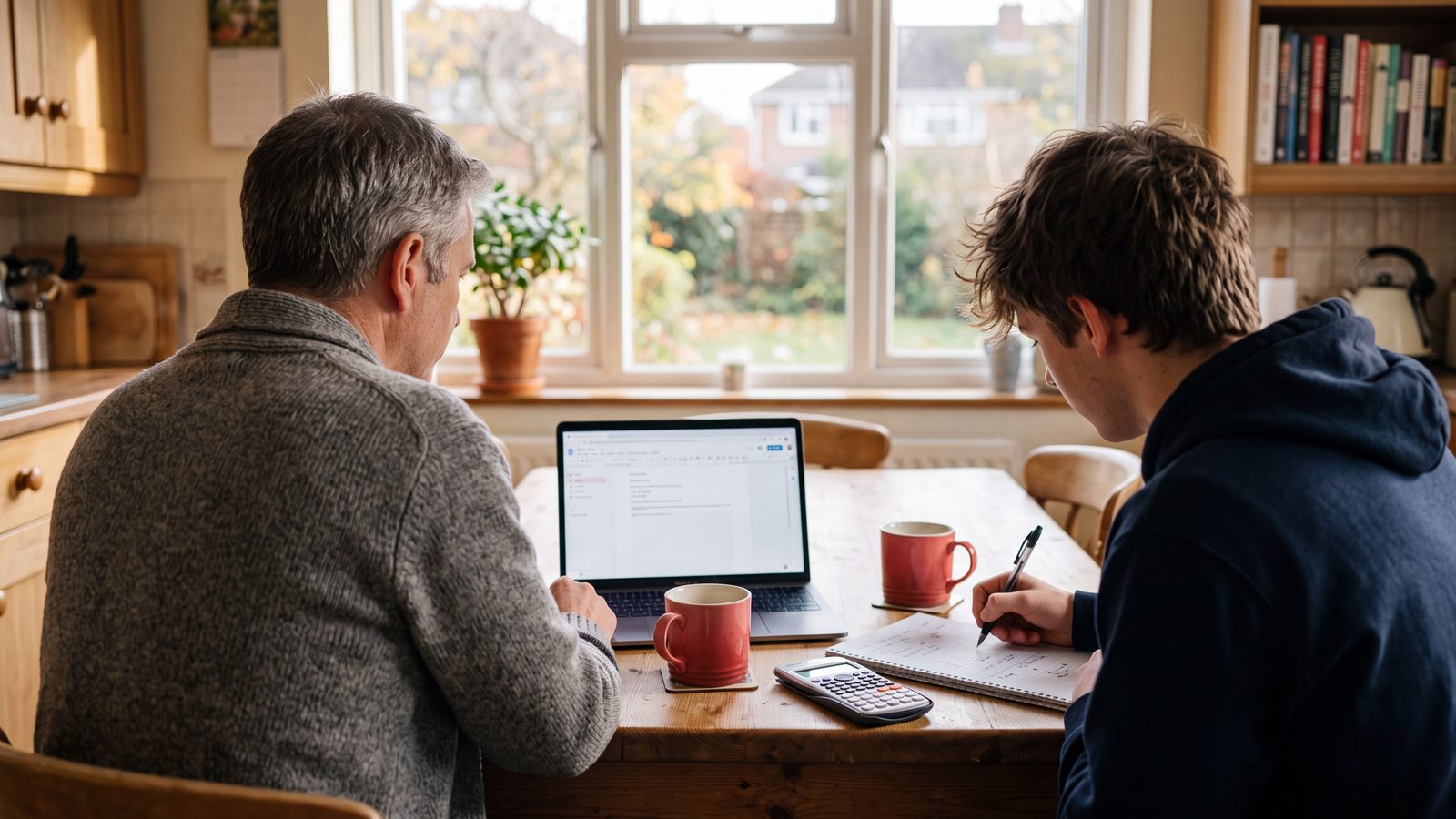 Parent and student at a kitchen table reviewing study abroad costs on a laptop with a notepad and calculator