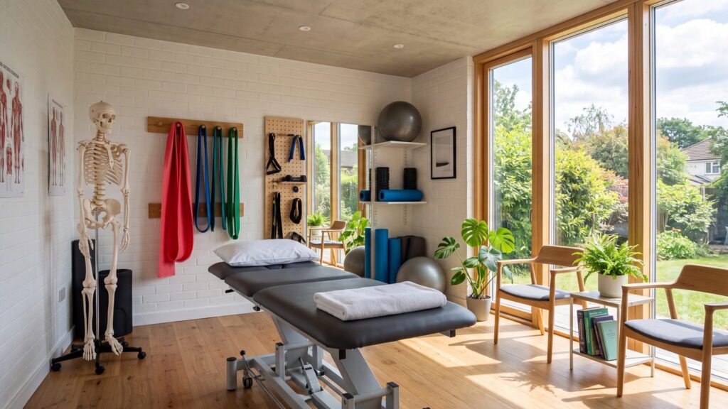 Bright physiotherapy clinic with a treatment table, skeleton model and red resistance band