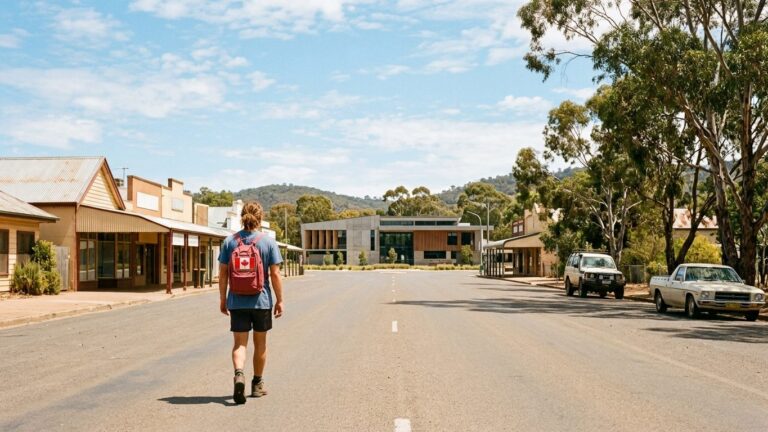 Student with a red backpack on the sunny main street of a regional Australian town with a campus building ahead