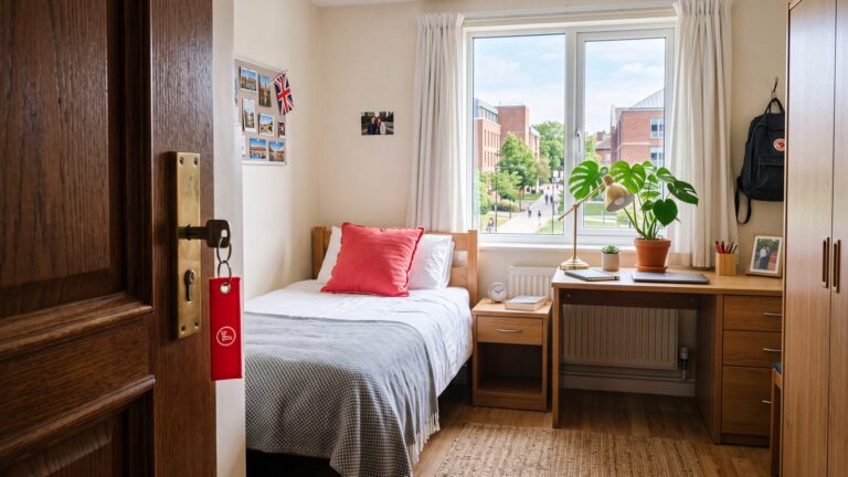 Bright student residence room with a made bed, red pillow and a key with a red keychain in the door