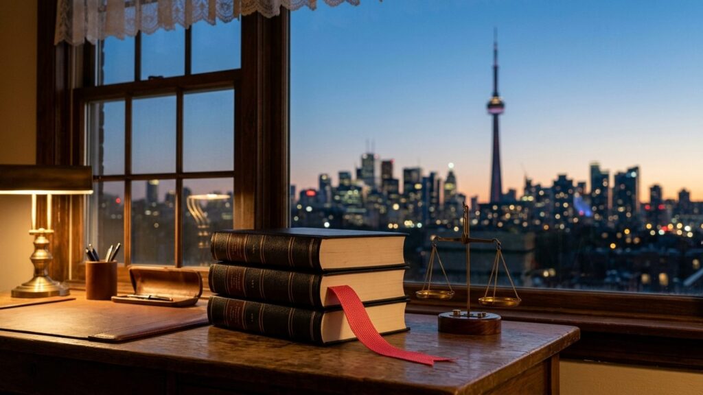 Desk with law binders, a red bookmark ribbon and a brass scale of justice by a window overlooking the Toronto skyline at dusk