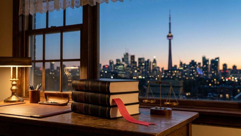 Desk with law binders, a red bookmark ribbon and a brass scale of justice by a window overlooking the Toronto skyline at dusk