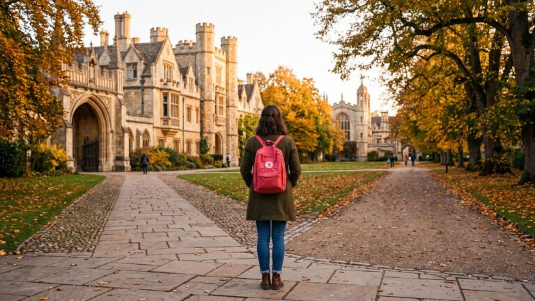 Student with a red backpack standing where two stone pathways diverge on a historic UK campus