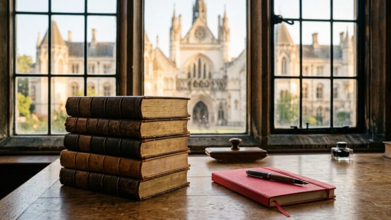 Stack of law books with a red notebook and fountain pen, a historic UK courts building through the window